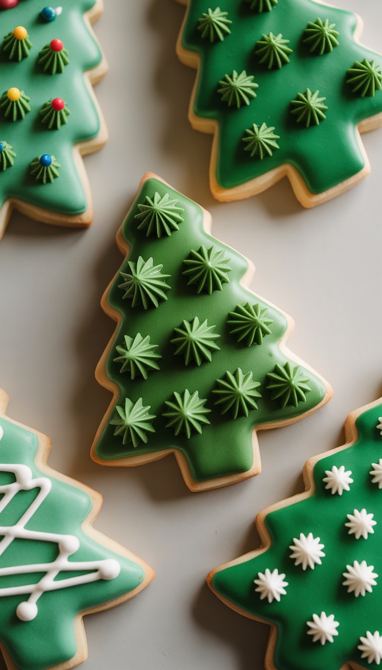 Closeup view of several Christmas tree-shaped sugar cookies decorated with detailed icing on a clean surface.