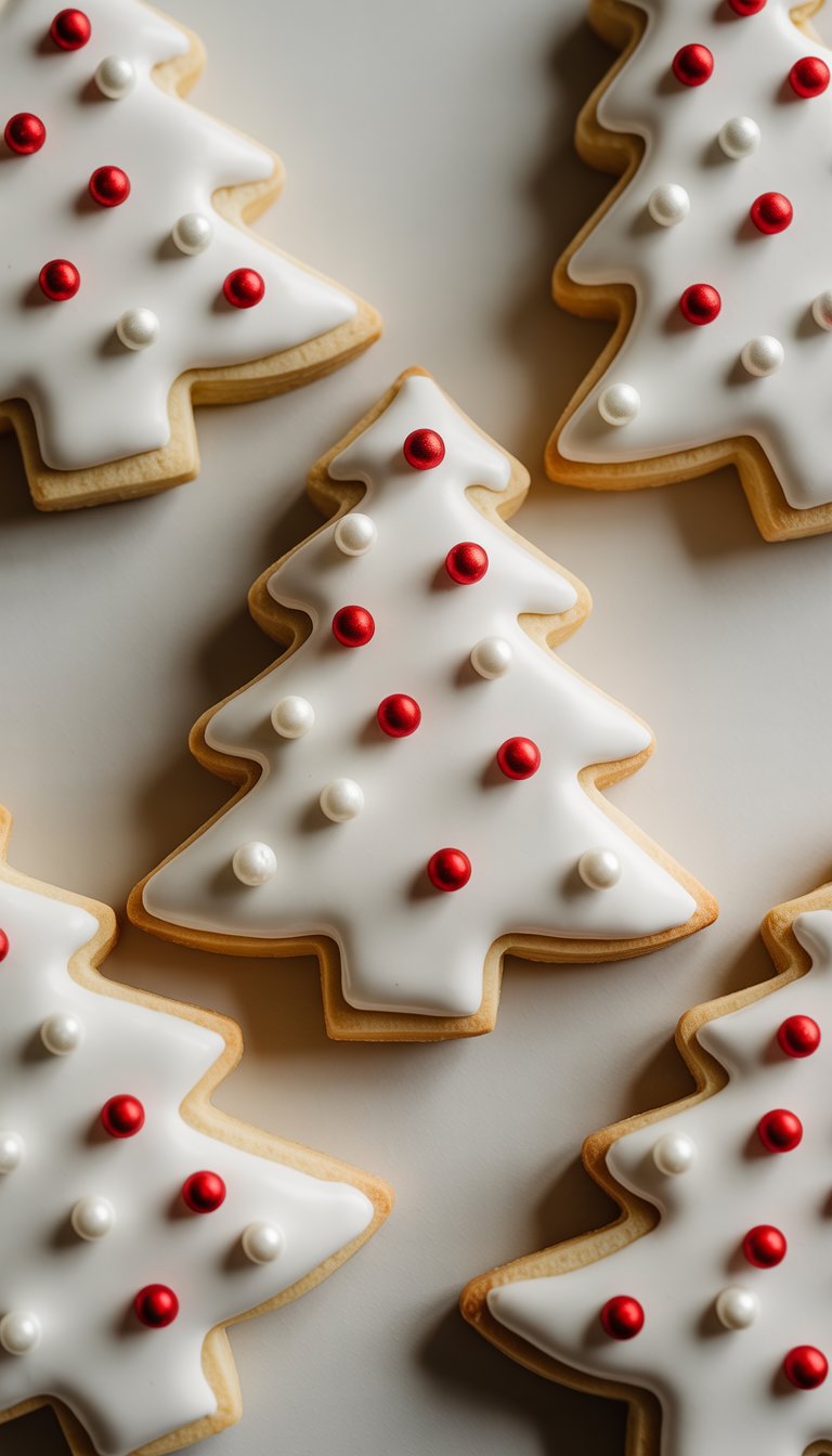 Close-up view of several Christmas tree sugar cookies decorated with red and white sprinkles on a clean background.