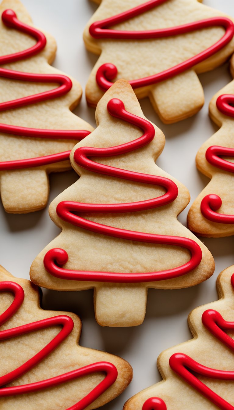 Close-up of several decorated Christmas tree sugar cookies with red icing garlands on a clean surface.
