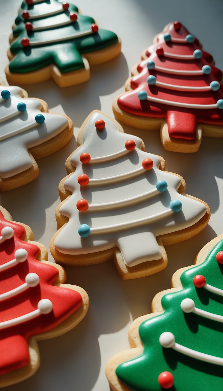 Close-up view of several decorated Christmas tree sugar cookies with colorful dot patterns on a clean background.