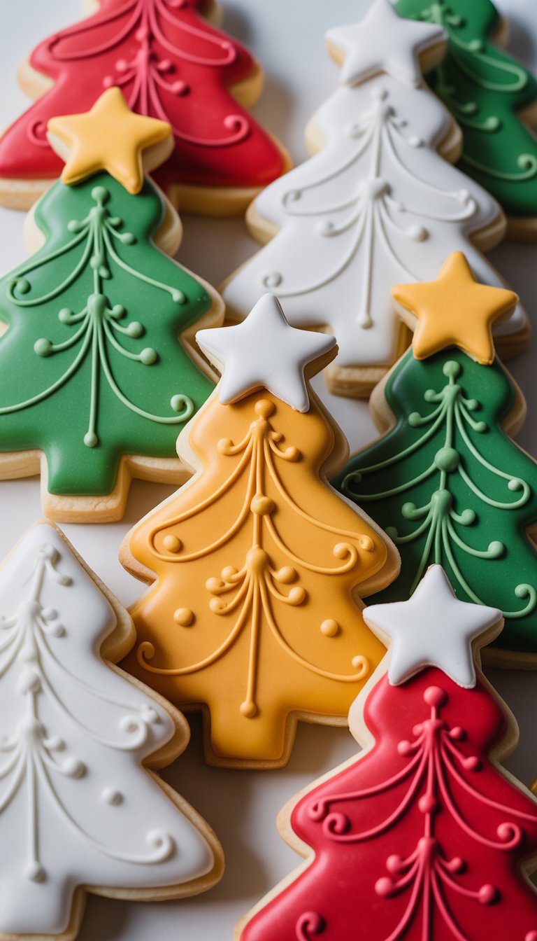 Close-up view of several decorated Christmas tree sugar cookies topped with fondant stars on a clean background.