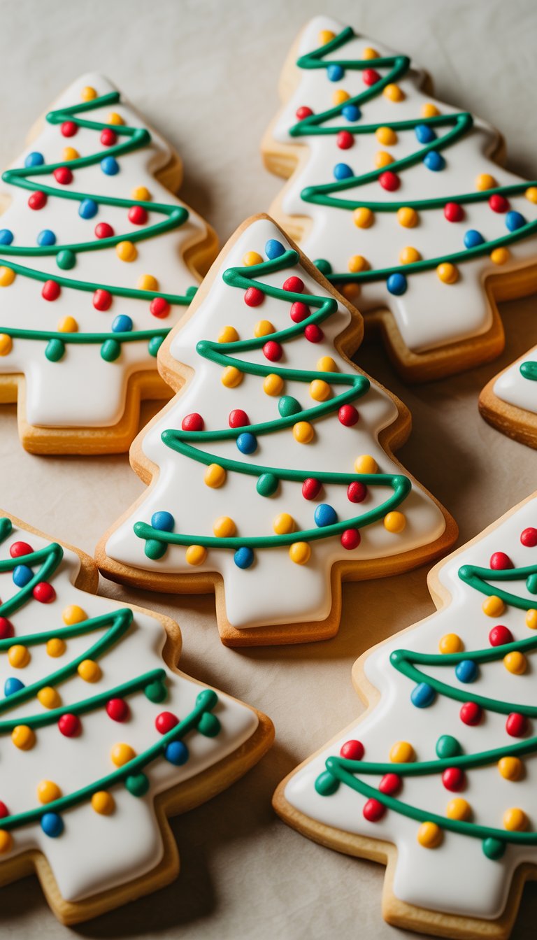 Closeup of several decorated Christmas tree sugar cookies with colorful piped icing dots and lines resembling holiday lights, arranged on a clean background.