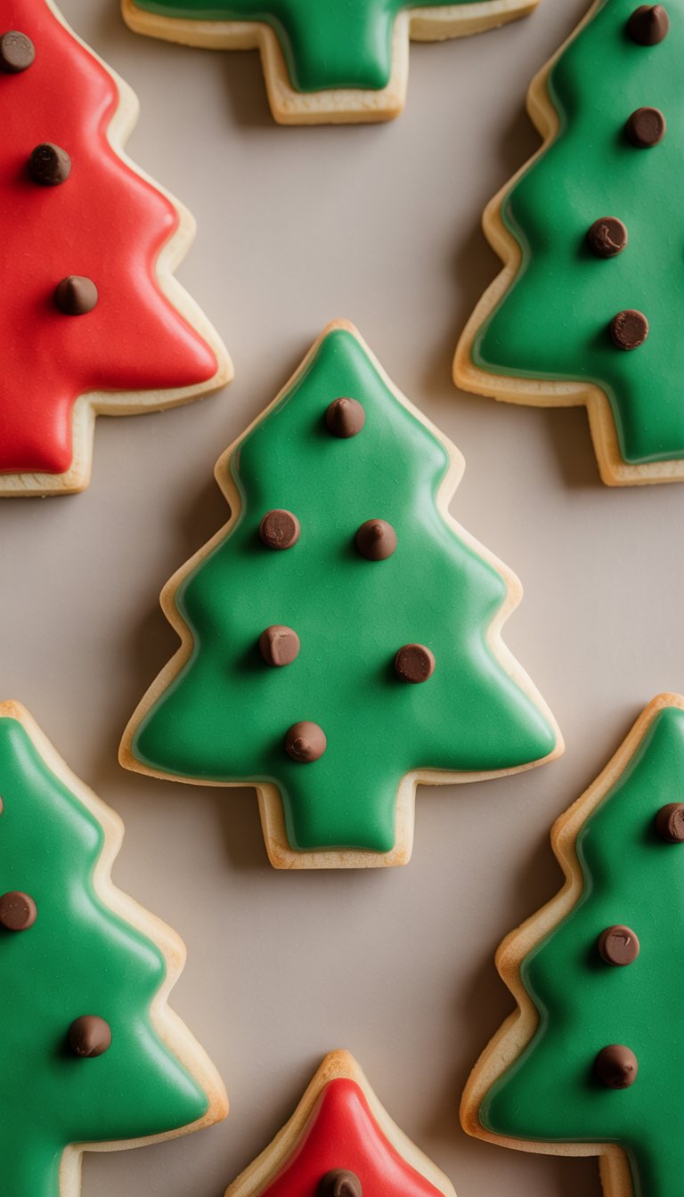Closeup of several Christmas tree shaped sugar cookies decorated with icing and small chocolate chips on a clean background.