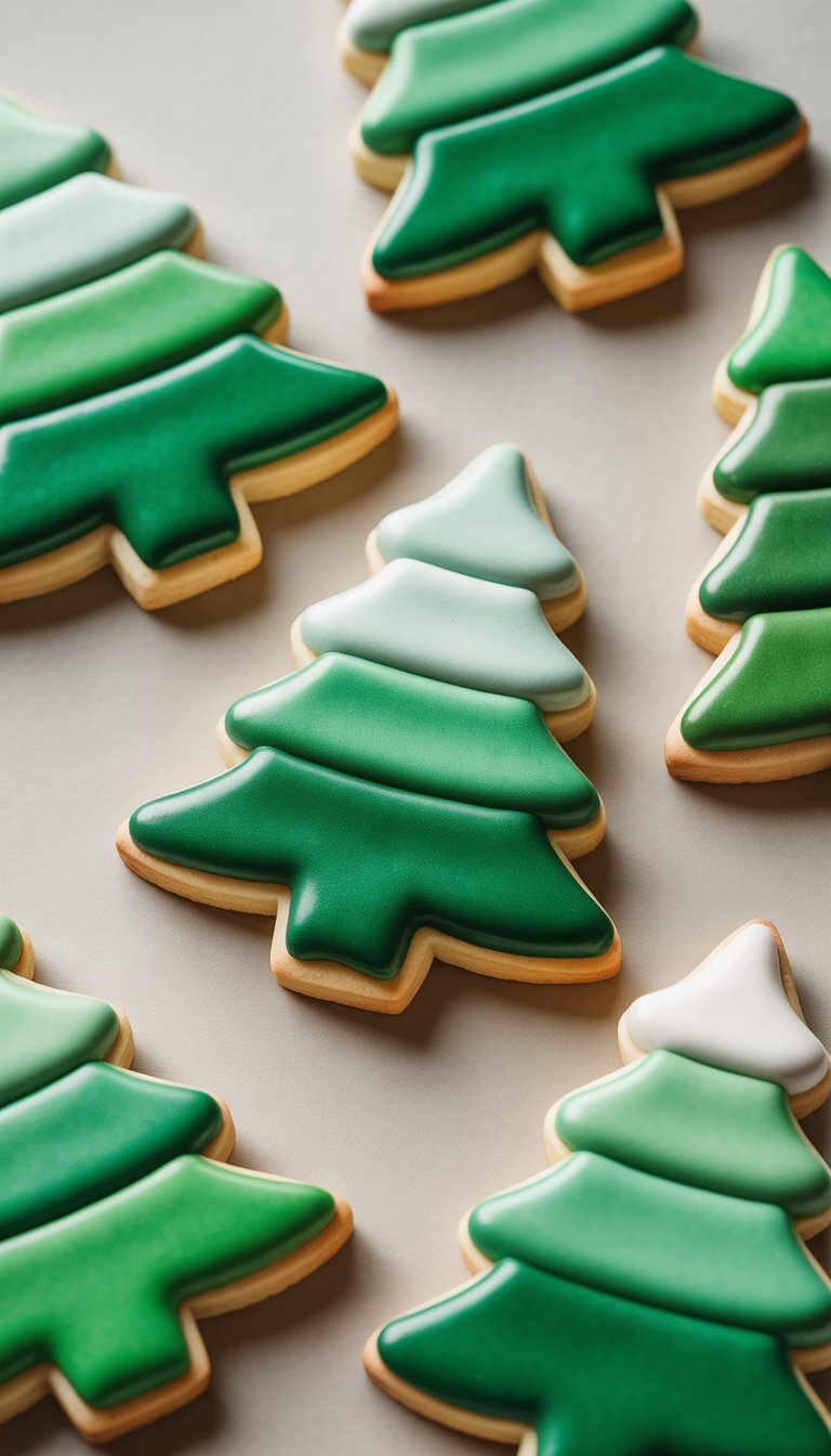 Several Christmas tree-shaped cookies decorated with green and white icing arranged on a light-colored surface.