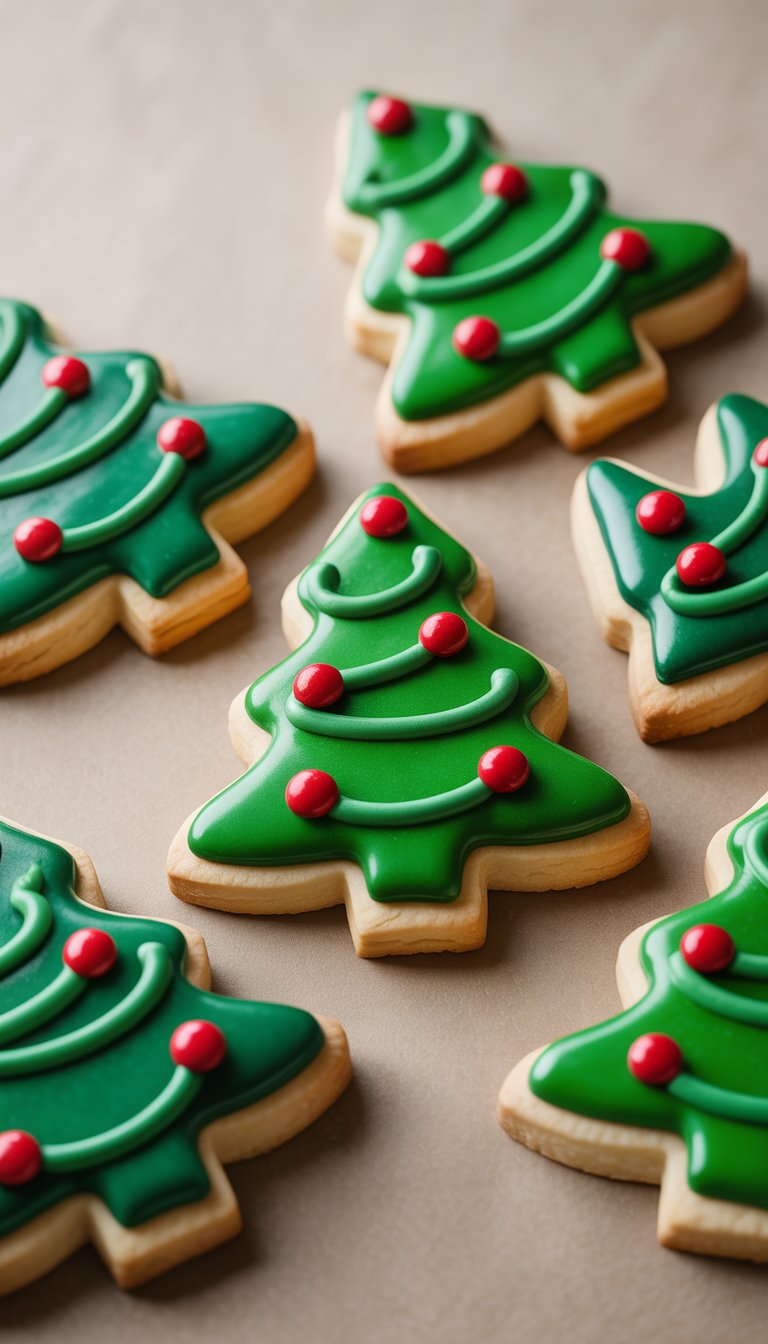Closeup of several decorated Christmas tree sugar cookies with red candy dots on a clean background.