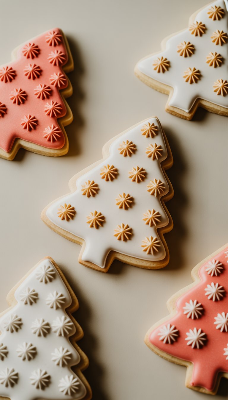 Close-up of several decorated sugar cookies with star-shaped icing decorations on a plain background.