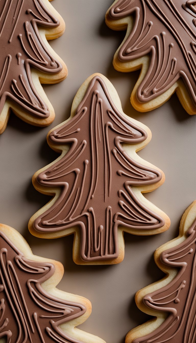 Close-up of several decorated sugar cookies shaped like Christmas tree trunks with detailed brown icing resembling bark, arranged on a clean background.