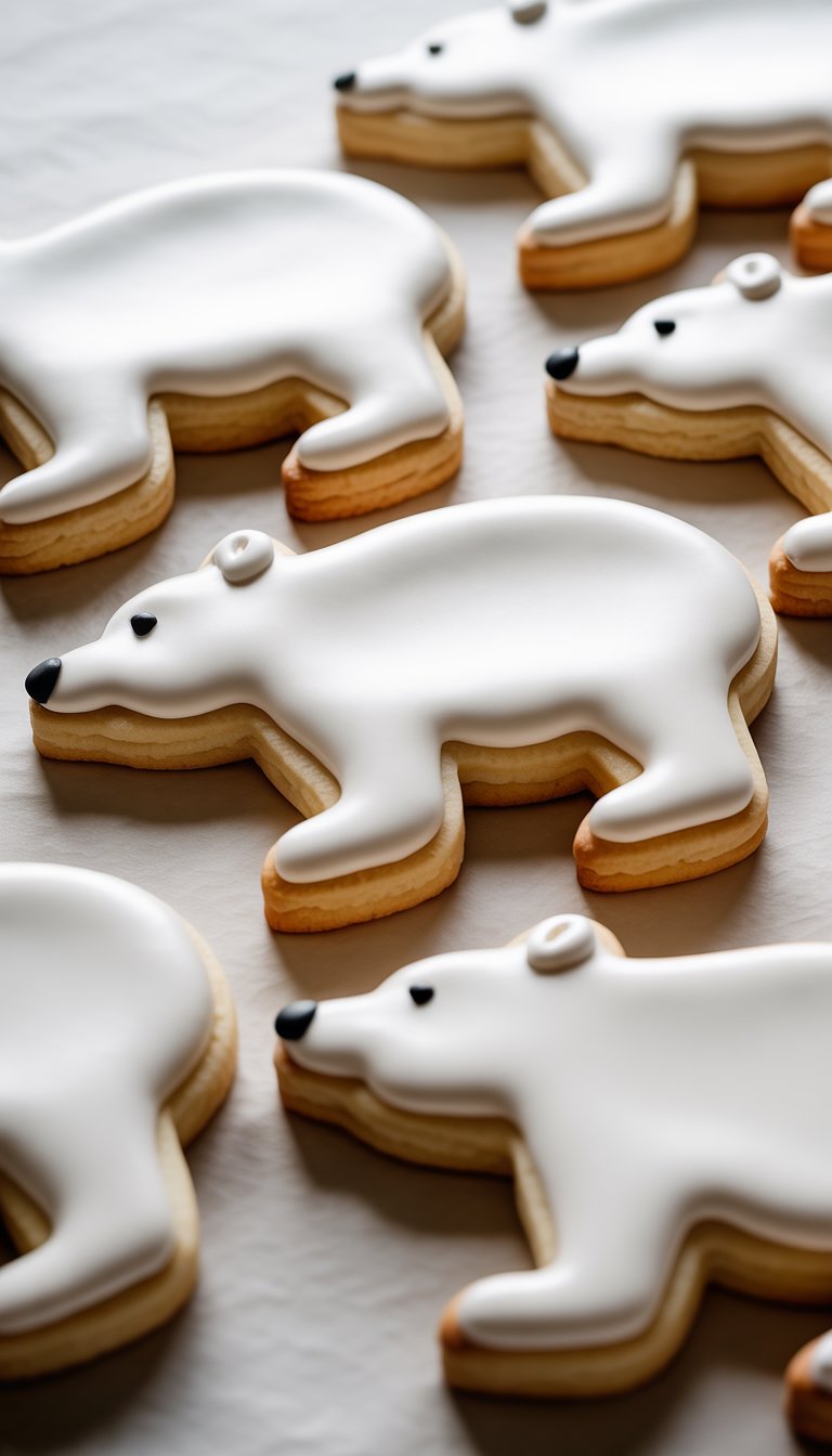 Closeup of several polar bear shaped sugar cookies with white icing on a clean background.