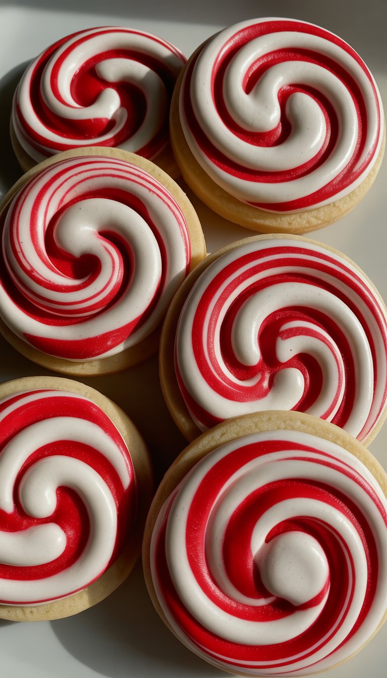 Close-up image of several red and white swirled sugar cookies arranged with space between them on a clean background.
