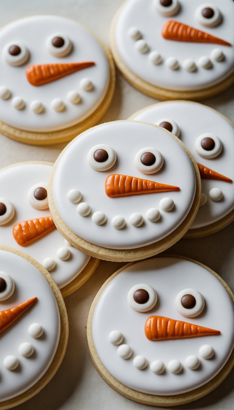 Close-up view of several snowman sugar cookies decorated with candy eyes and carrot noses on a clean background.
