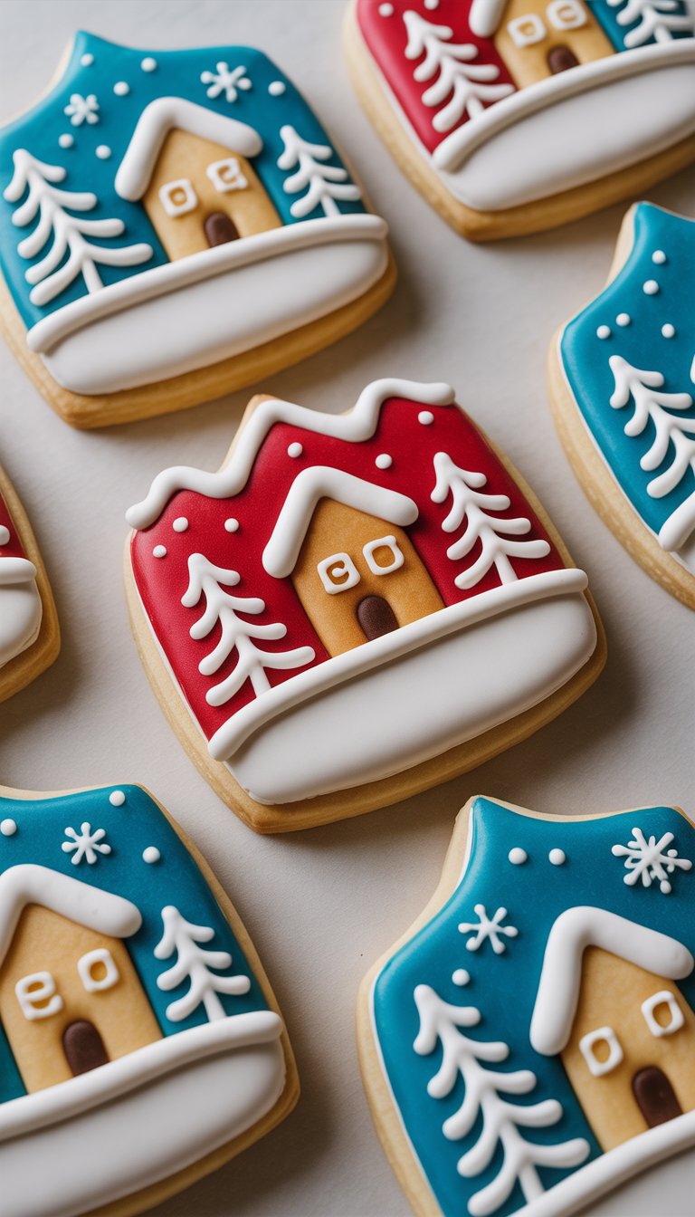 Closeup of several decorated sugar cookies shaped like winter village houses and trees on a clean background.