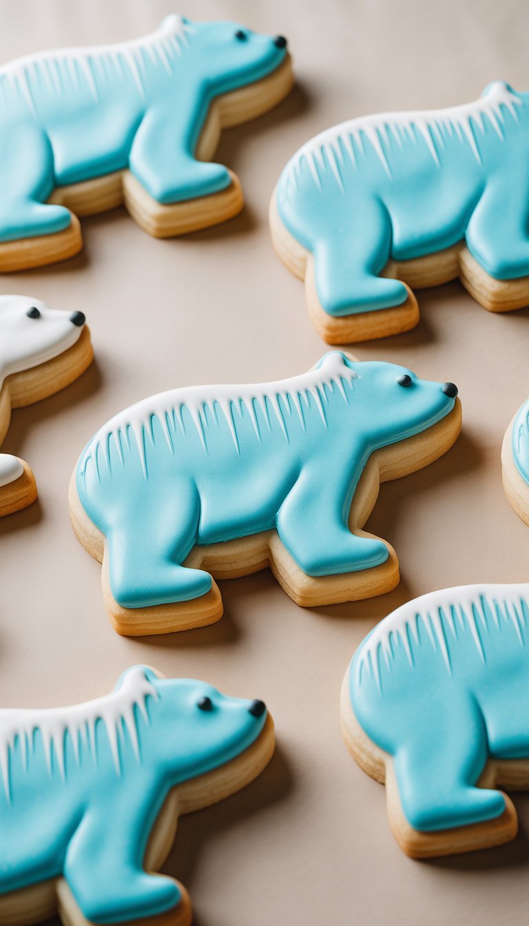 Close-up view of several decorated polar bear sugar cookies with white and blue icing on a plain background.