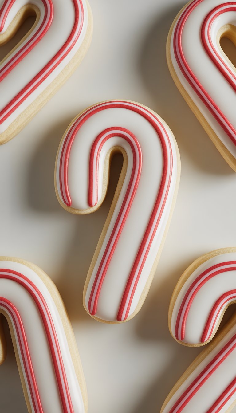 Closeup view of several candy cane striped sugar cookies arranged on a plain background.