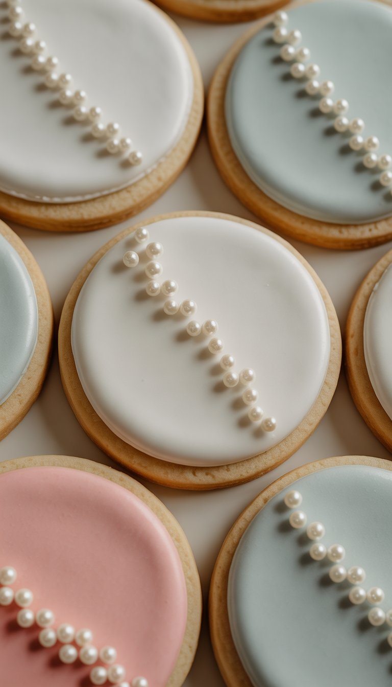 Close-up of several decorated sugar cookies with smooth icing and tiny edible pearls arranged on a plain background.
