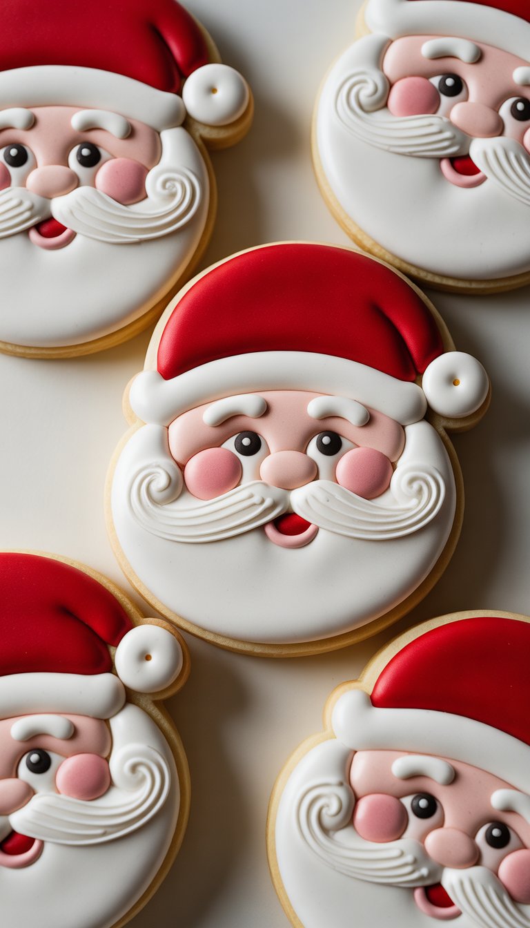 Close-up image of several Santa Claus face sugar cookies decorated with red hats, white beards, and rosy cheeks on a plain background.