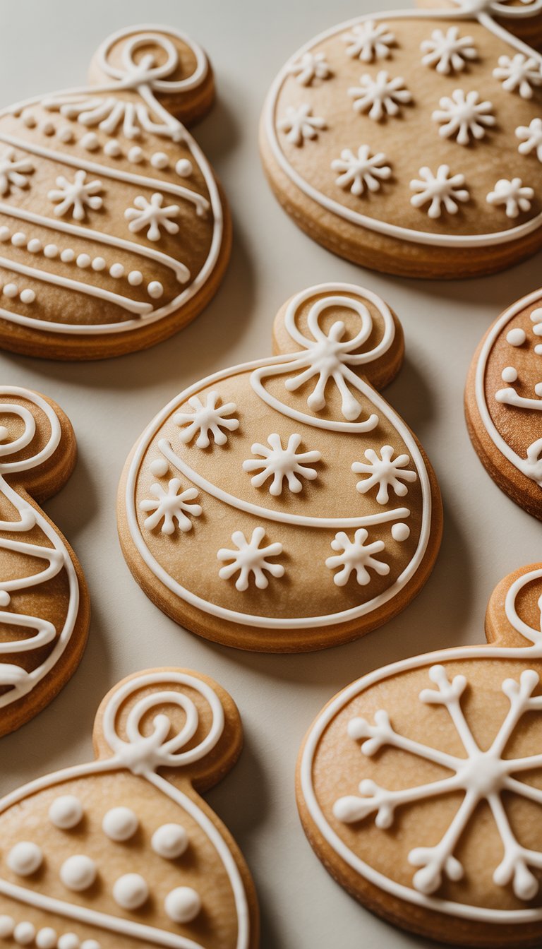 Closeup view of several decorated gingerbread ornament cookies arranged on a clean surface.