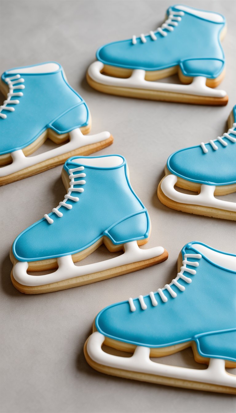 Closeup of several ice skate shaped sugar cookies decorated with blue icing on a clean background.