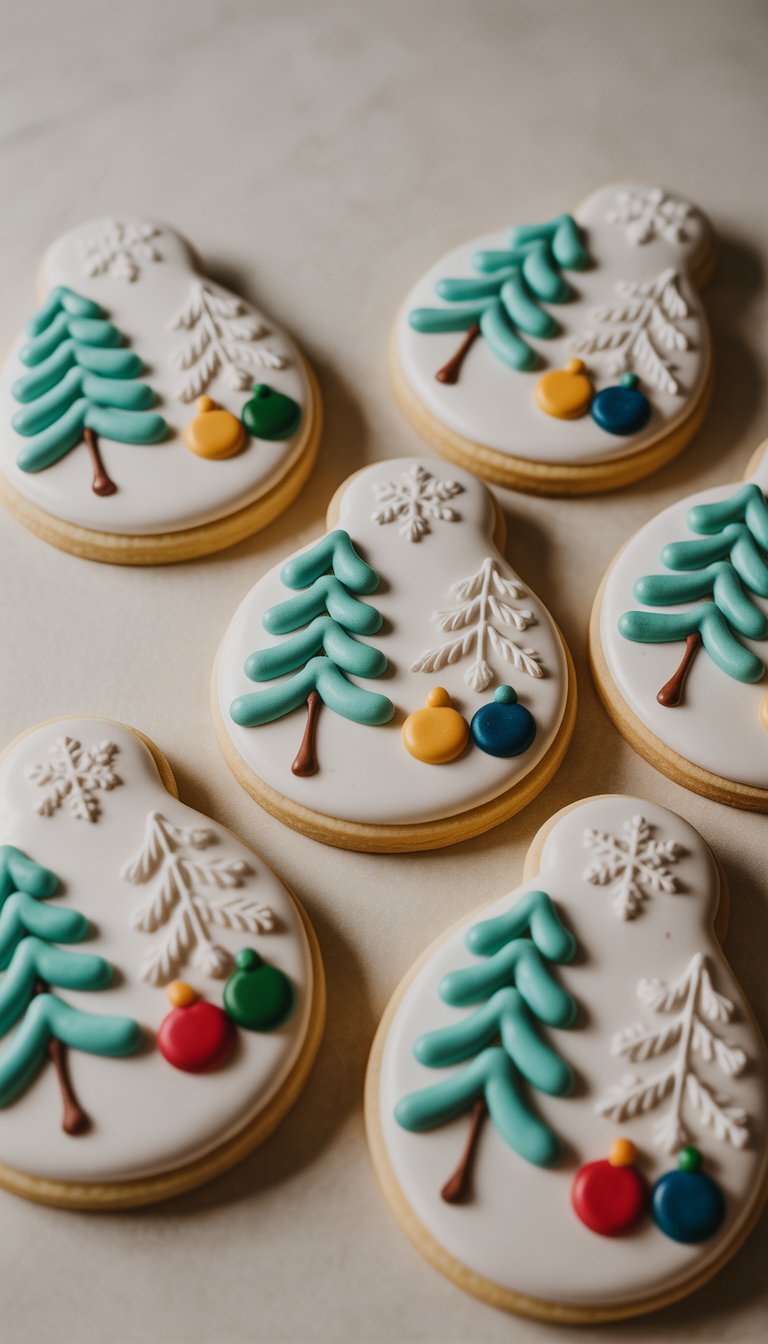 Closeup of several decorated sugar cookies shaped like winter trees and ornaments arranged on a plain surface.