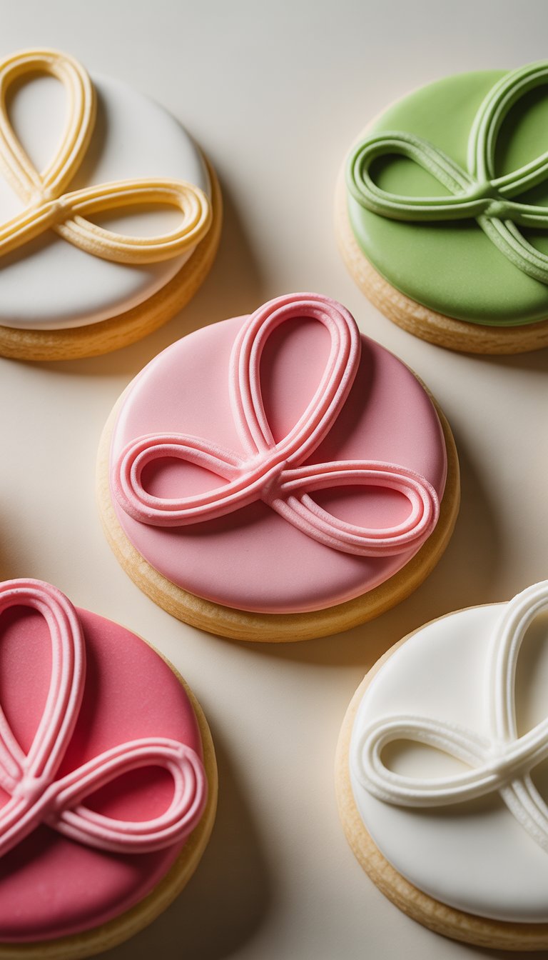 Close-up view of several decorated sugar cookies with smooth icing and ribbon-like icing details on a clean background.