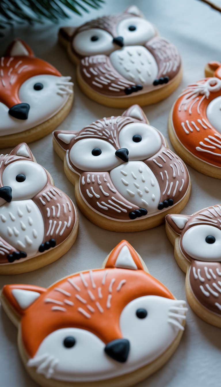 Closeup view of several decorated sugar cookies shaped like foxes and owls arranged on a clean surface.