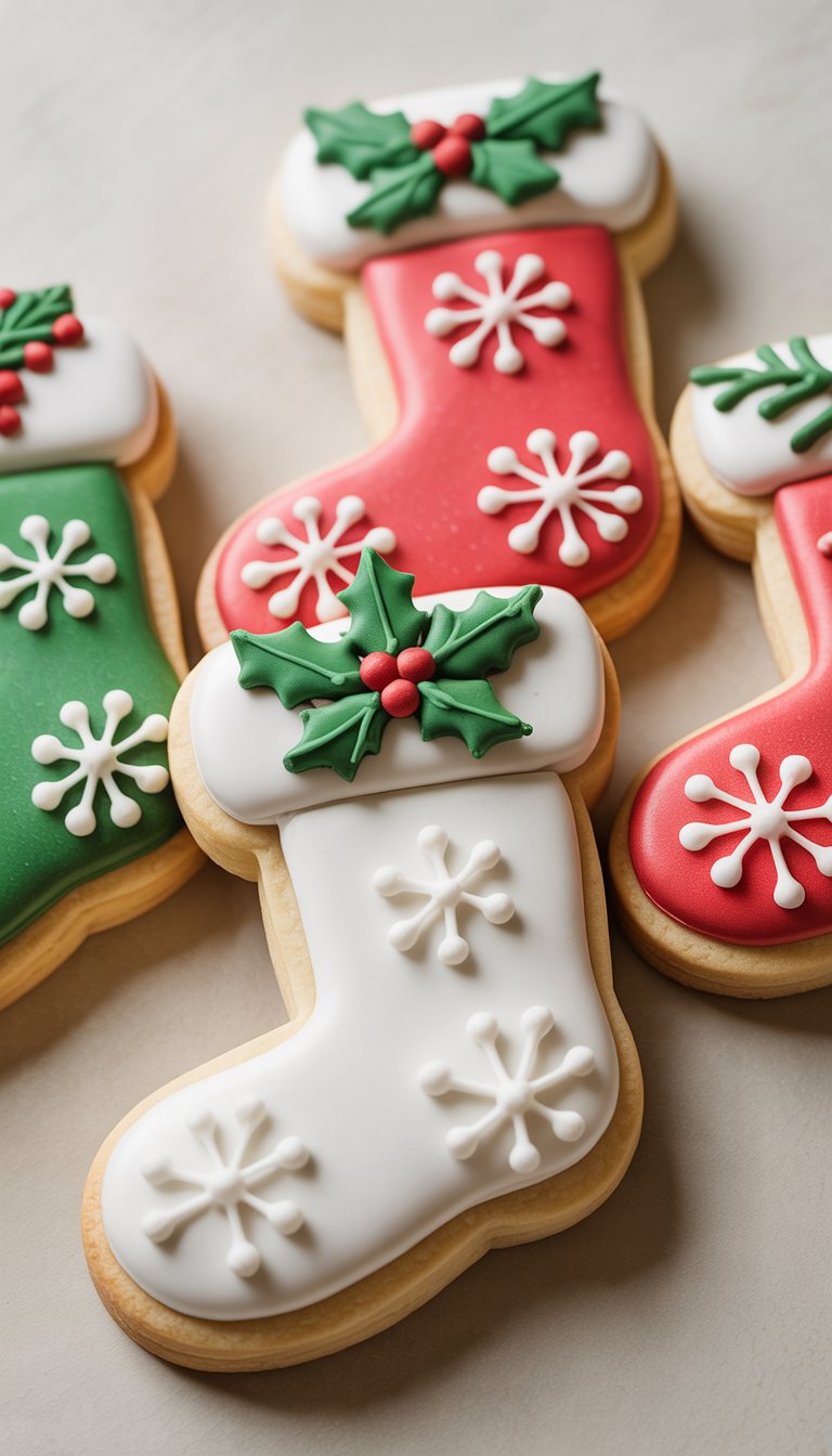 Closeup of several decorated holiday stocking sugar cookies with detailed icing on a clean background.