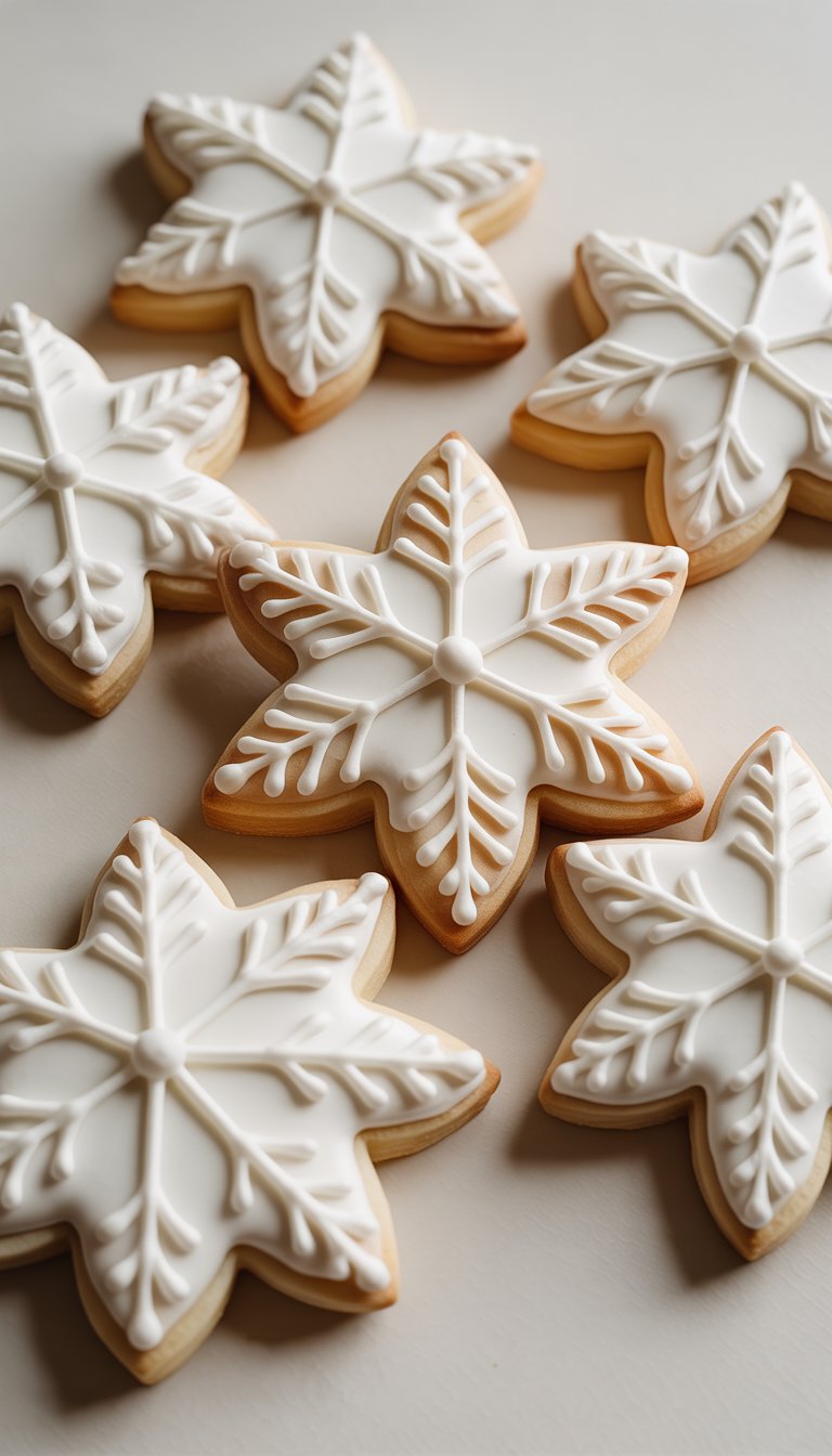Closeup of several snowflake-decorated sugar cookies arranged on a clean surface.