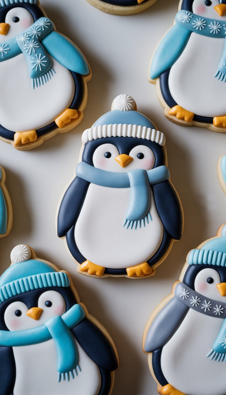 Closeup view of several penguin-shaped sugar cookies decorated with winter-themed icing on a clean background.