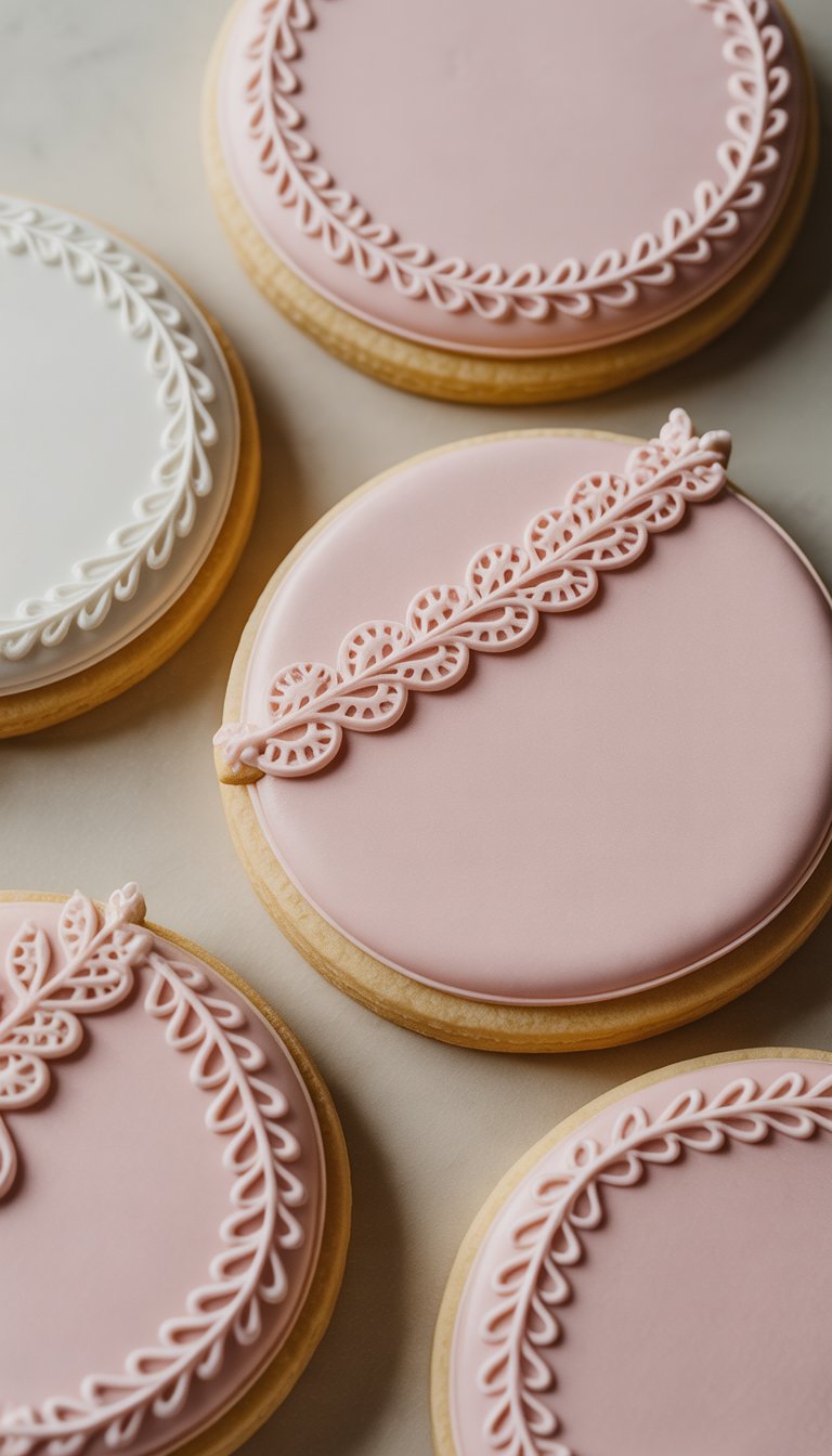 Close-up view of several decorated sugar cookies with intricate lace-like icing patterns on their edges arranged on a plain background.