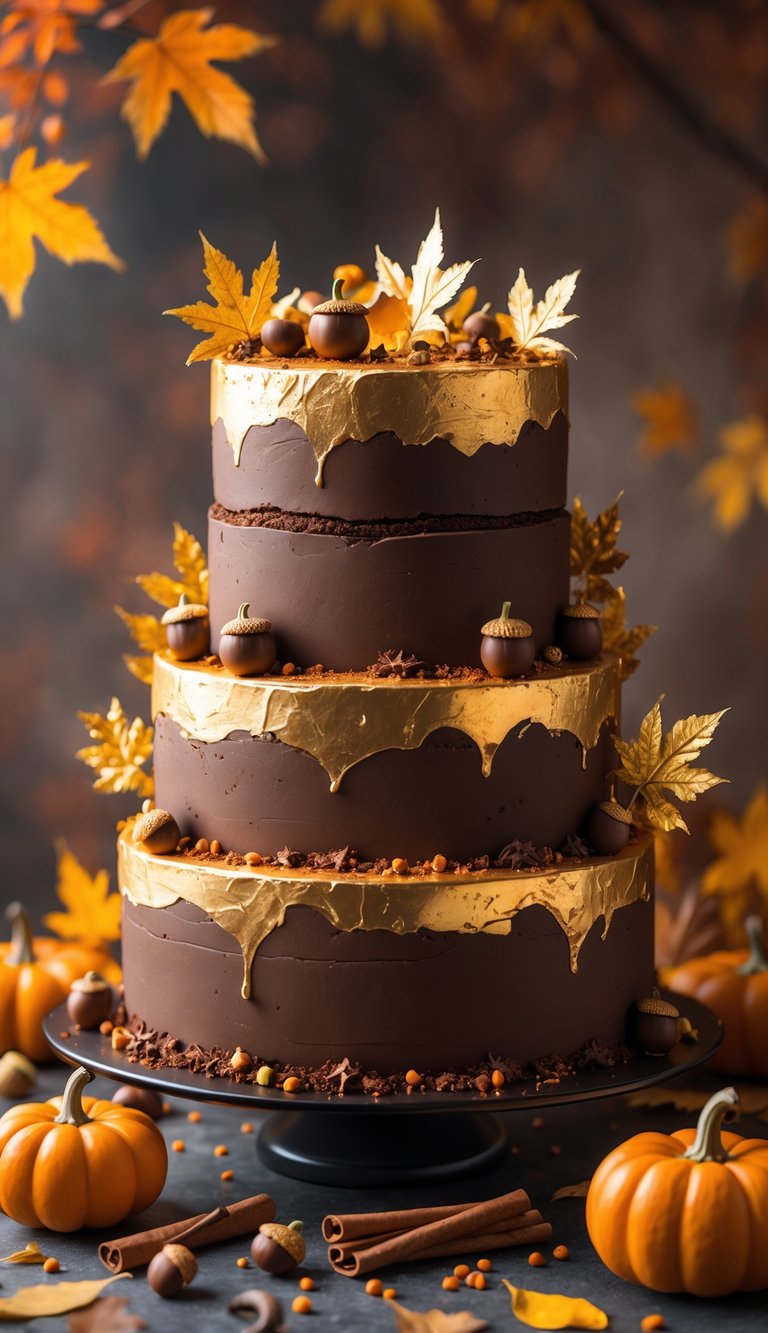 A chocolate cake decorated with edible gold leaf and surrounded by autumn-themed items like pumpkins, acorns, and dried leaves.