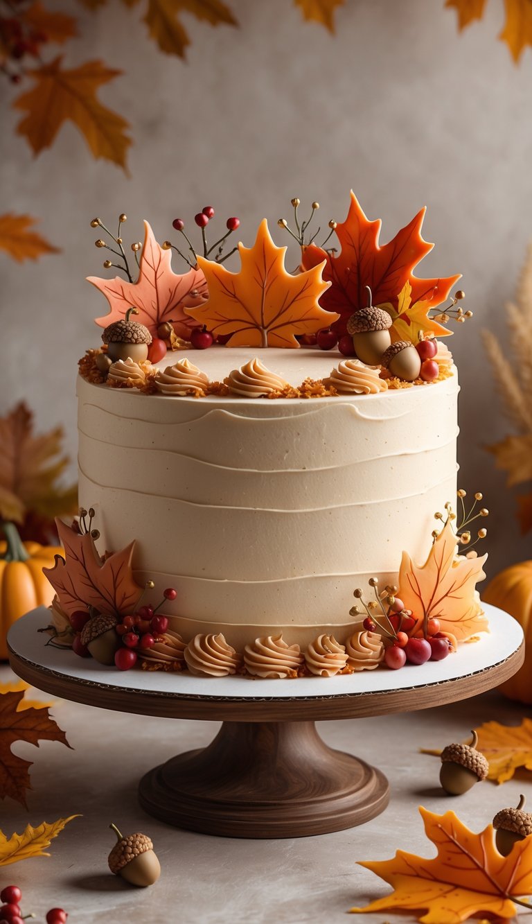 A decorated autumn-themed cake with maple syrup buttercream frosting, adorned with colorful fall leaves, berries, and acorns on a wooden cake stand.