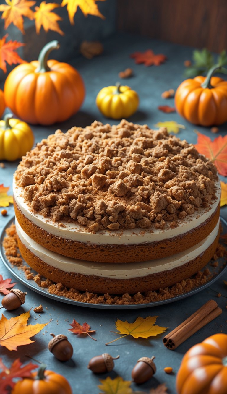 A pumpkin streusel crumb cake surrounded by autumn leaves, small pumpkins, and cinnamon sticks on a warm background.