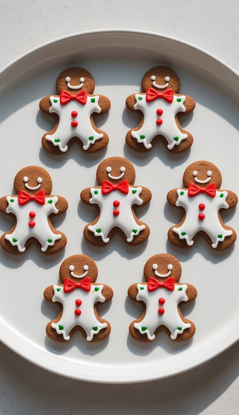 Top-view photo of four to six decorated gingerbread cookies arranged neatly on a plate on a countertop.