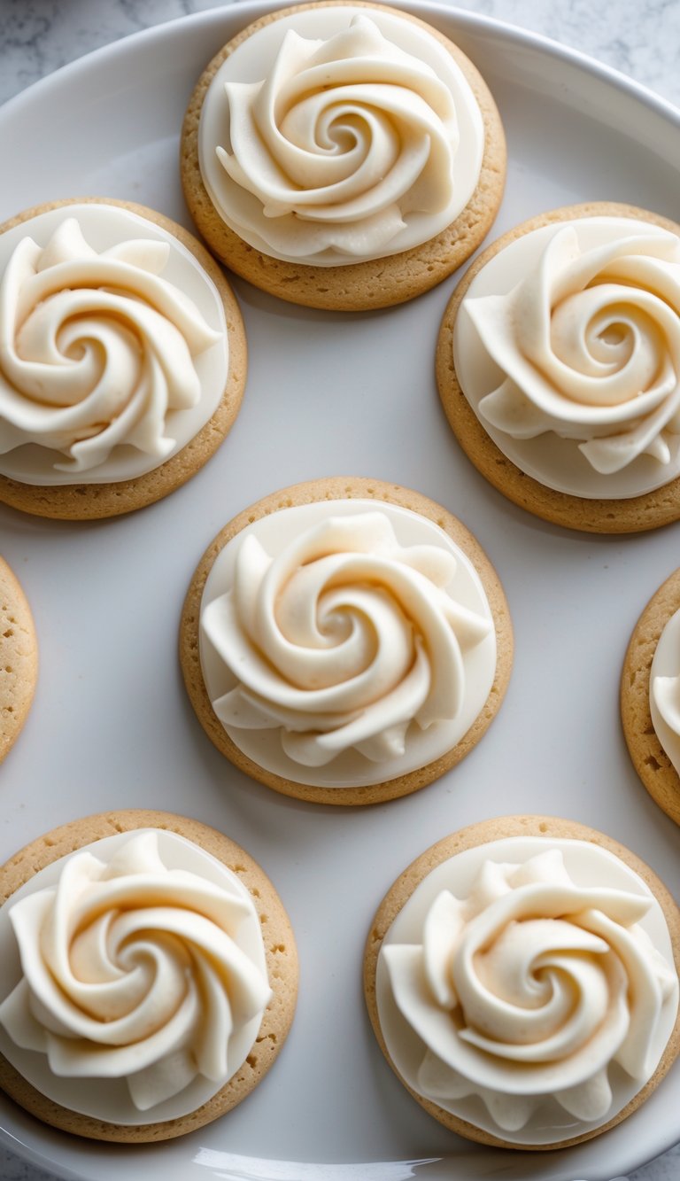 Top-view photo of four to six decorated sugar cookies with buttercream rosette icing arranged neatly on a plate on a countertop.