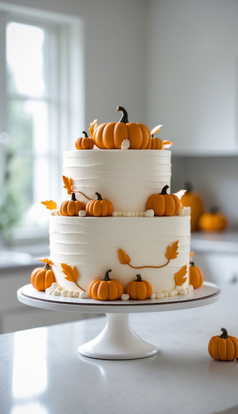 Two-tier pumpkin-themed cake with buttercream frosting and pumpkin and leaf decorations on a cake stand in a bright home kitchen.