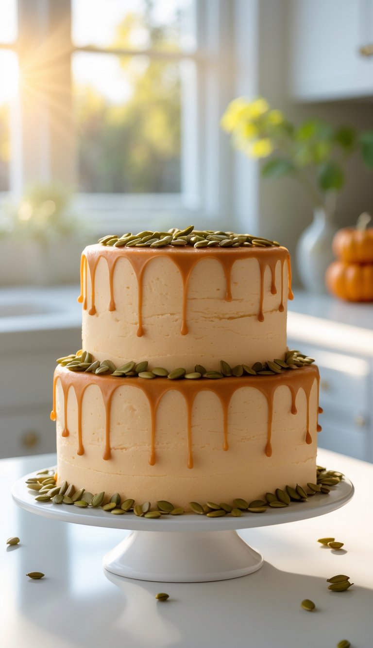 Two-tier pumpkin cake with caramel drizzle and pumpkin seeds on a white cake stand in a bright home kitchen.