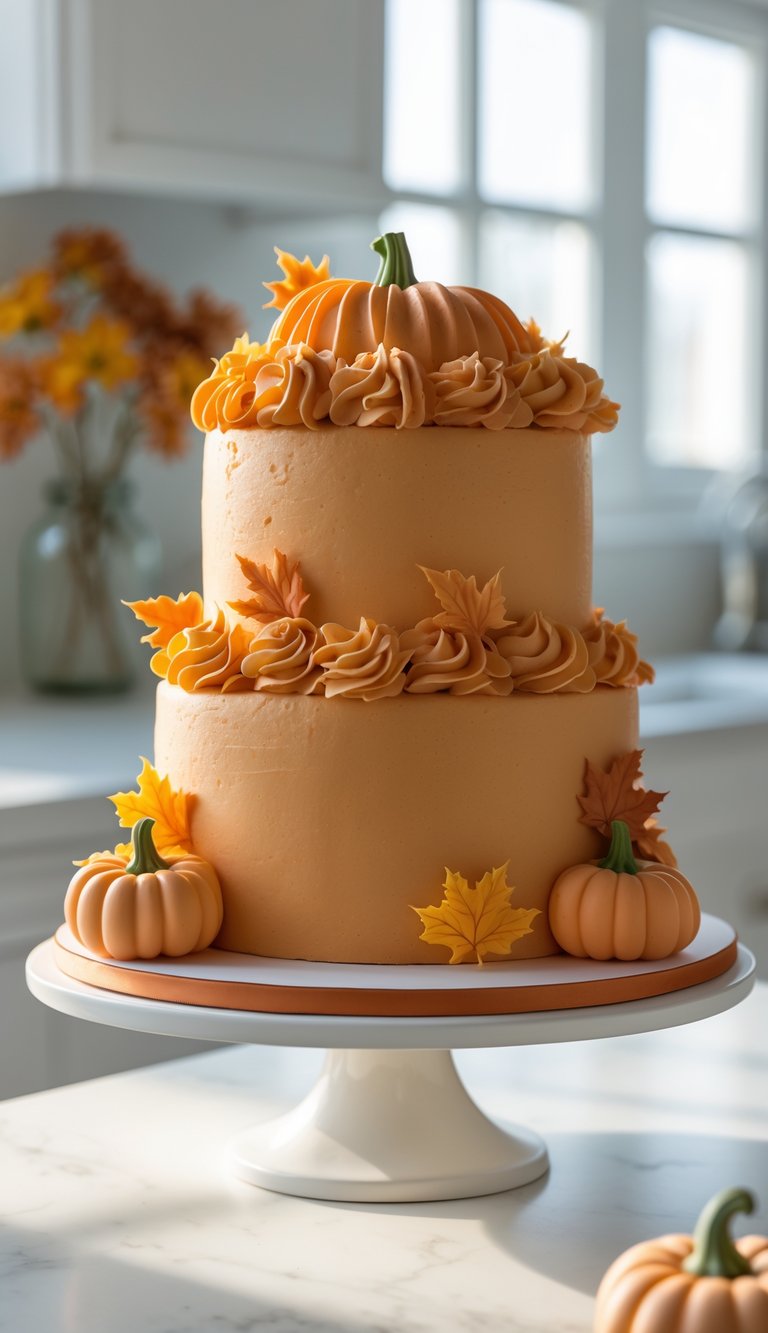 Two-tier pumpkin cake with buttercream flowers on a white cake stand in a bright home kitchen.